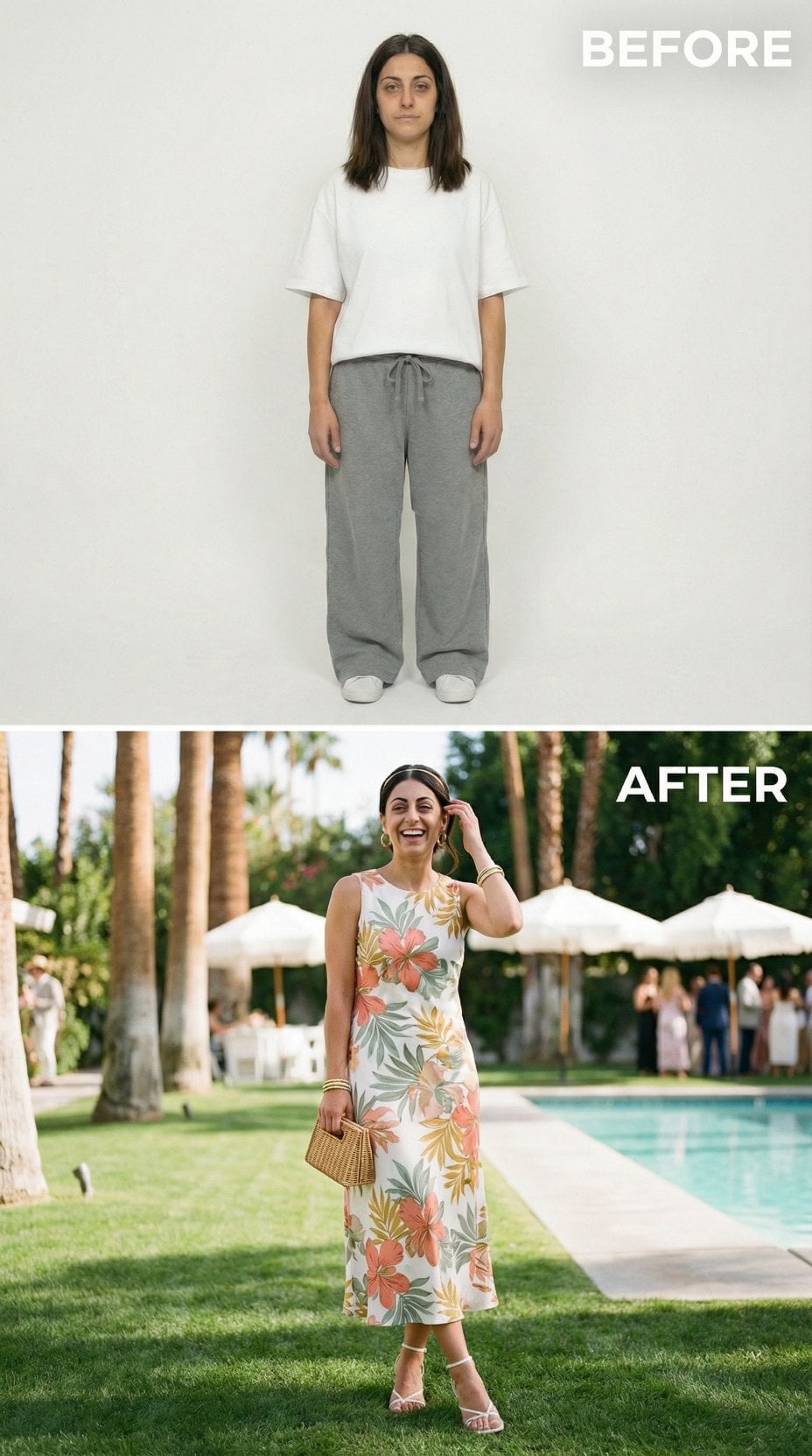 Tropical Floral Slip Dress and Raffia Bag Deliver Garden Party Confidence