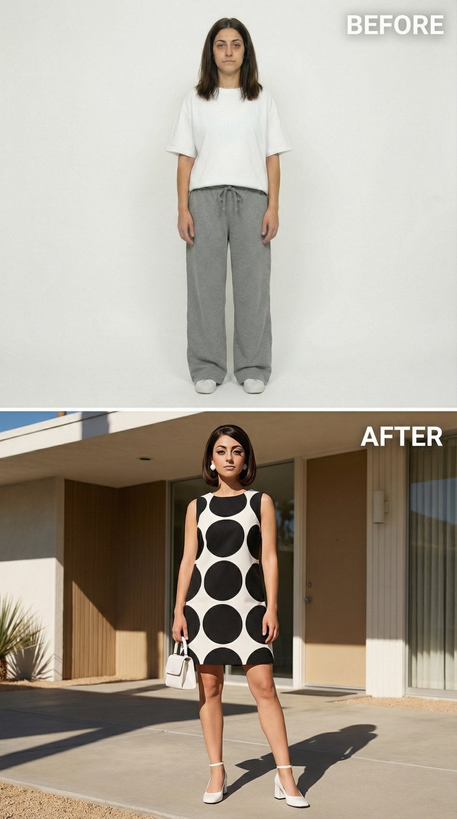 Polka Dot Shift Dress and White Handbag Revive '60s Mod Glamour