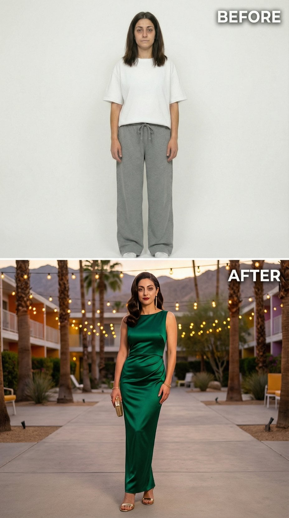 Emerald Satin Sheath and Gold Clutch Own the Resort Terrace