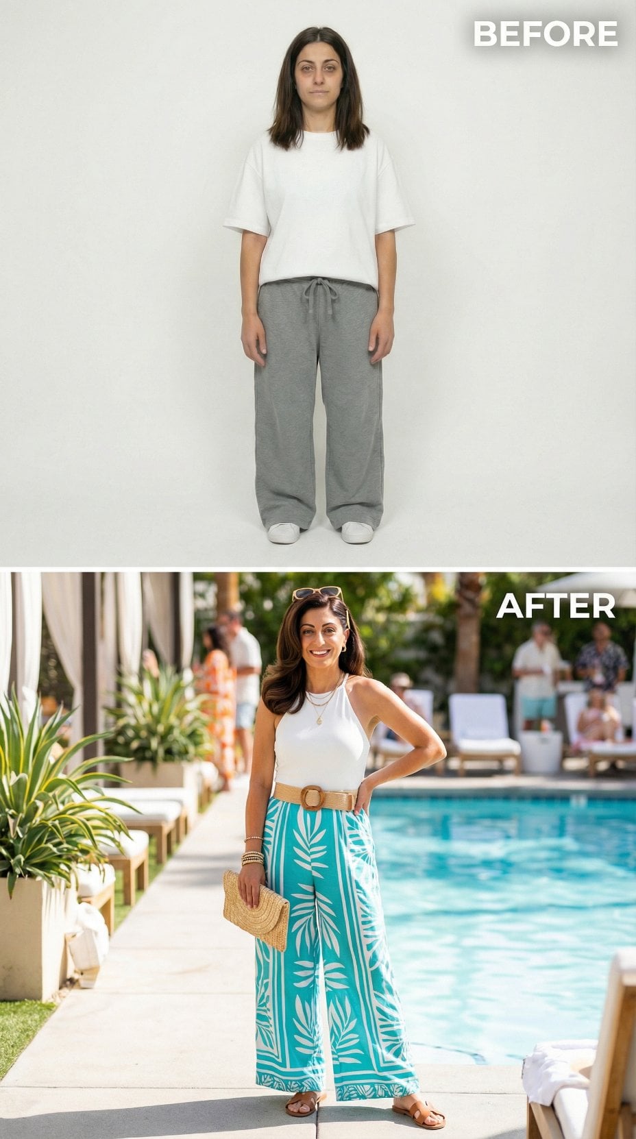 Turquoise Palm-Print Palazzo Pants and Woven Straw Clutch Peak by the Pool