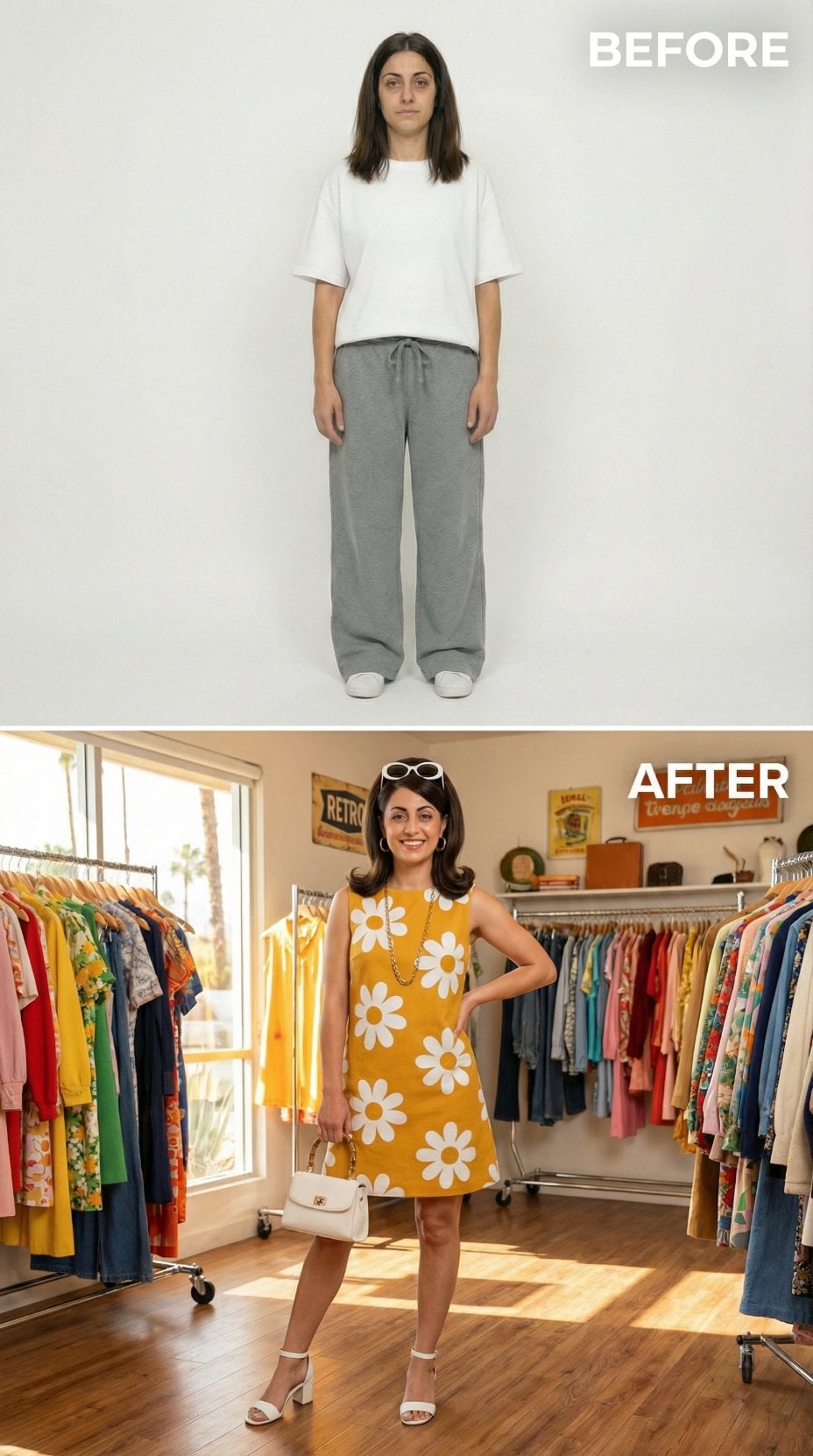 From Oversized White Tee to a Mod Yellow Daisy Shift in a Vintage Boutique