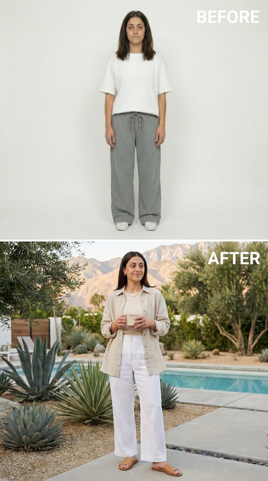 Slouchy Gray Sweats Swapped for White Linen and Beige Shacket by the Pool