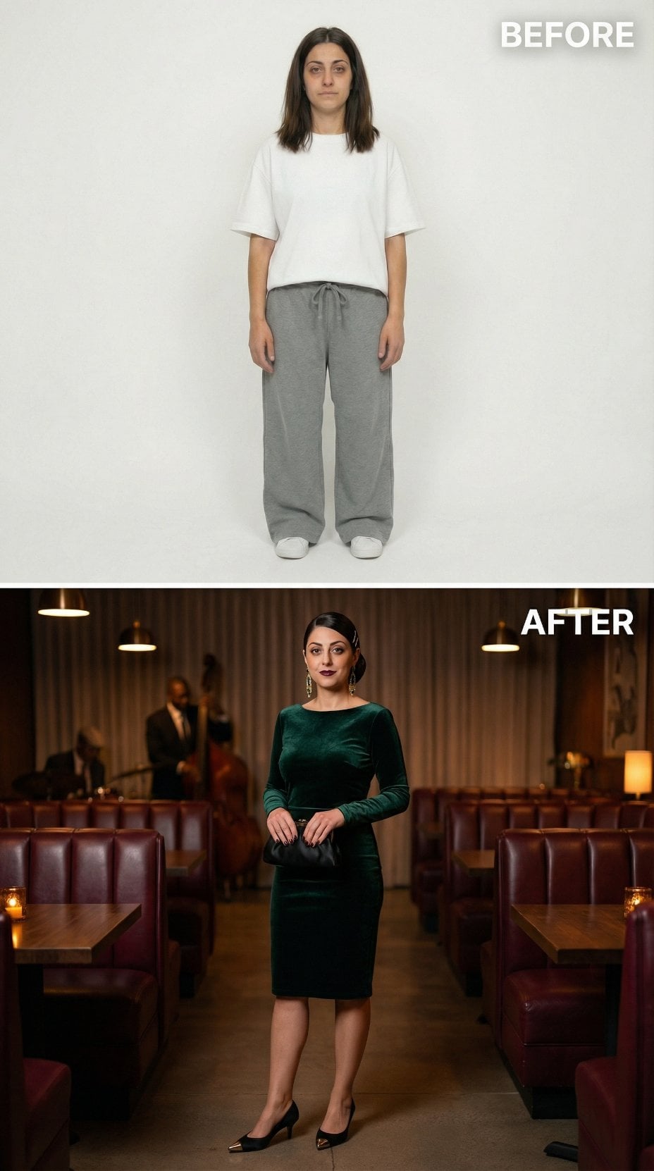 Casual Cotton and Jersey Replaced by Emerald Velvet in a Jazz Club