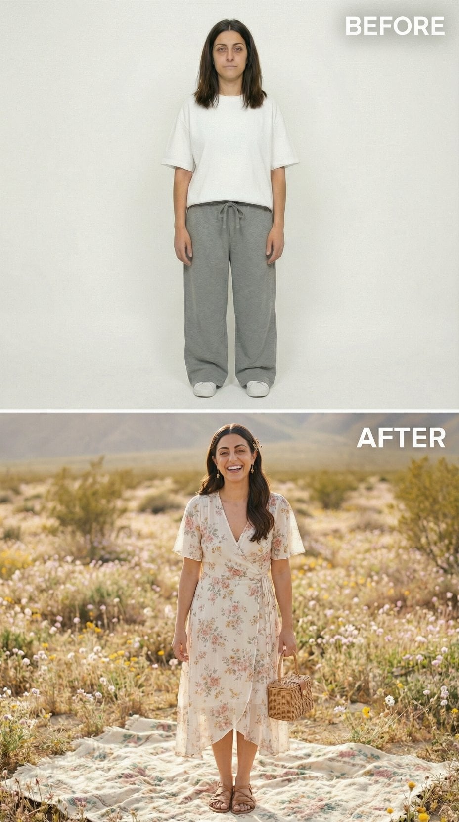 Neutral Lounge Layers Trade Up for Floral Wrap Dress in Desert Bloom