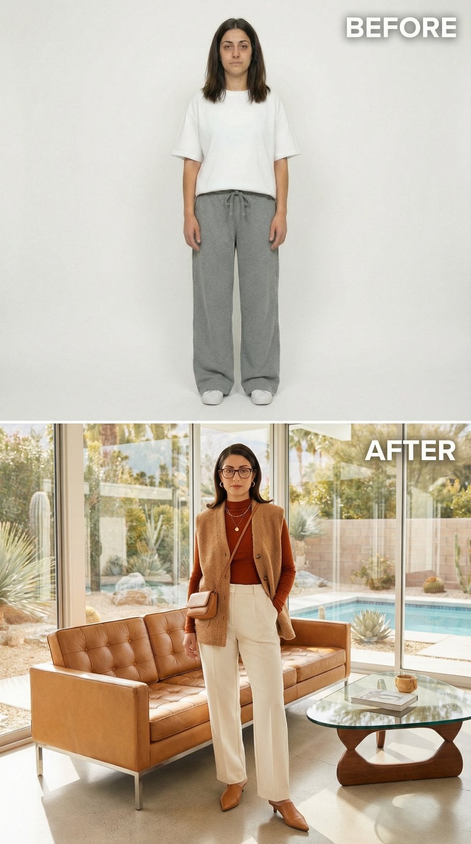 Oversized Loungewear Goes Polished in Rust Turtleneck and Tailored Blazer