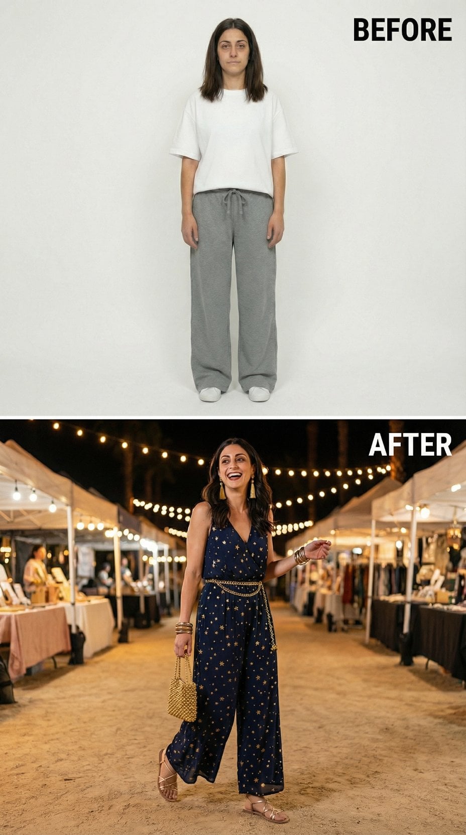 Baggy Loungewear Ditched for Navy Star-Print Jumpsuit at Night Market