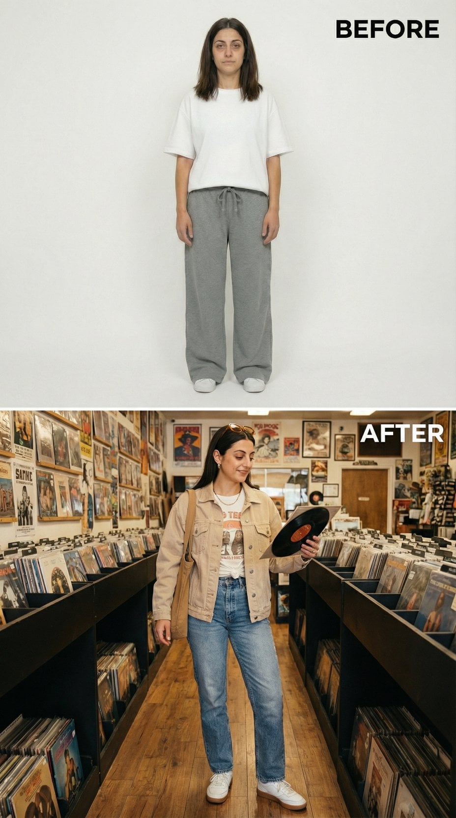Dowdy Loungewear Replaced by Tan Denim Jacket and Vinyl Records