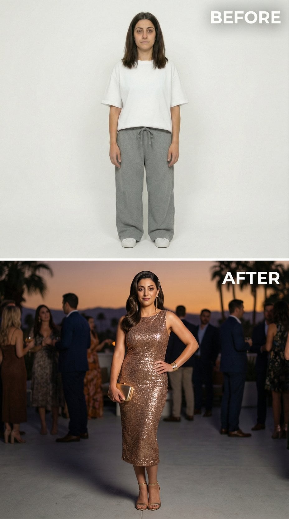 Oversized Jersey and Sweatpants Vanish for Bronze Sequin Gown at Sunset