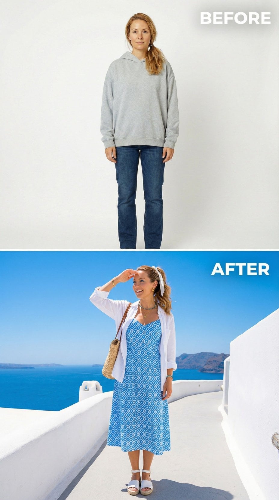 Cerulean Geometric Dress and Crisp White Shirt Wake Up Santorini