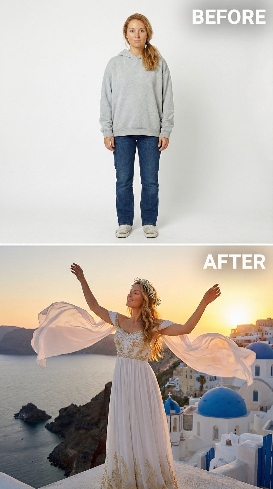 Heather Gray Sweatshirt Undone by White Chiffon Maxi and Gold Embroidery