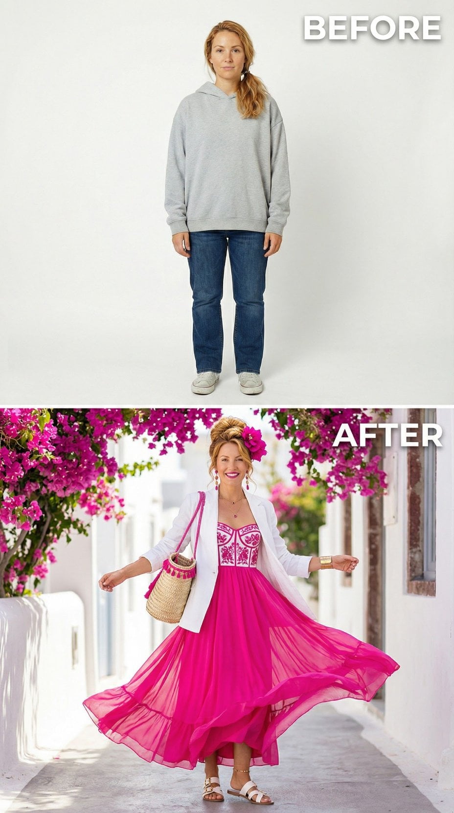 Gray Basics Vanish Beneath Fuchsia Maxi and White Linen Layers