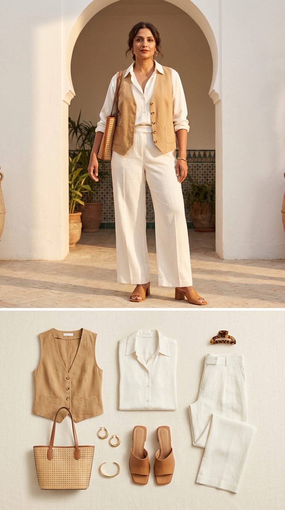 Sahara Sand: Washed Linen Vest Over Ivory Silk in the Golden Hour