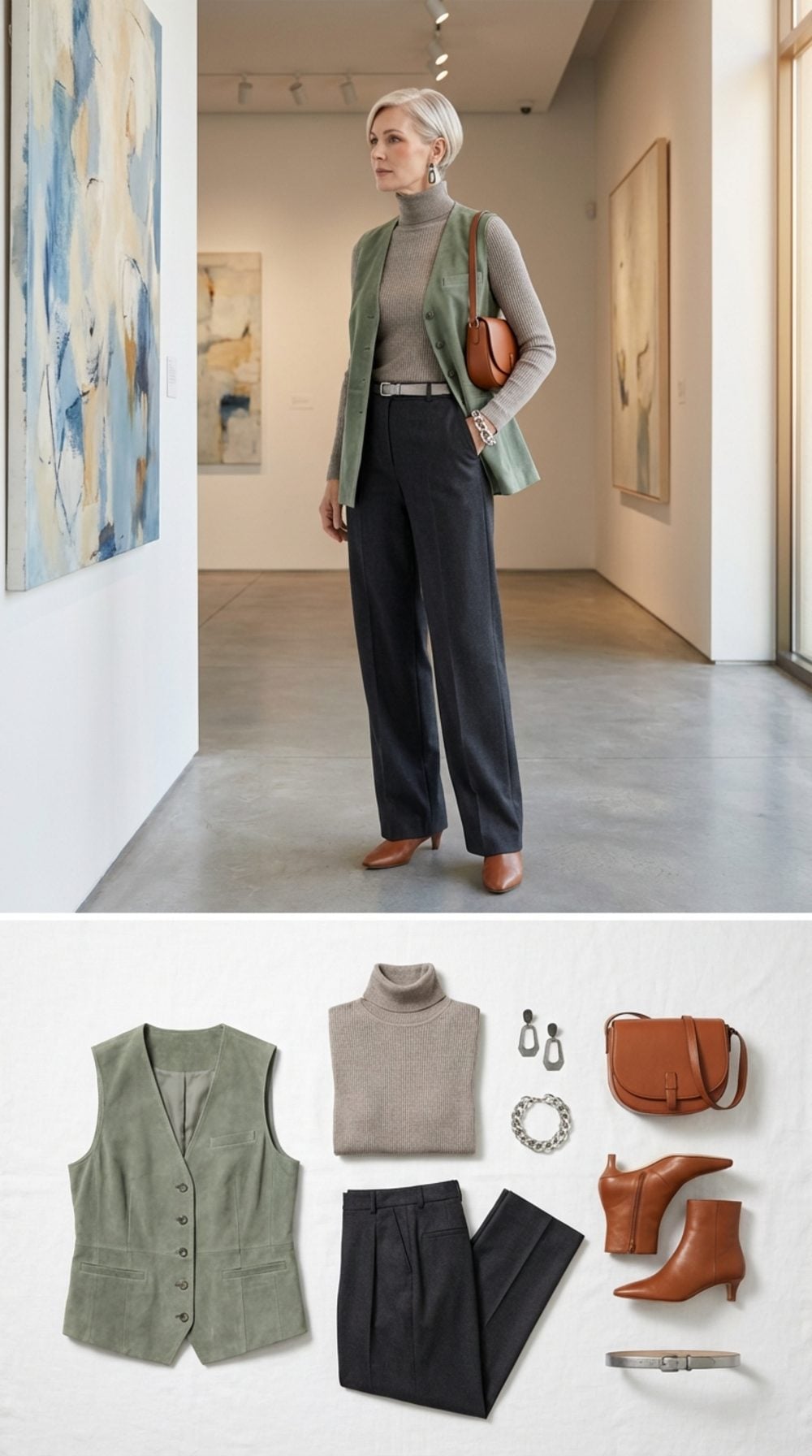 Sage and Stone: Tailored Suede Vest Layered Over a Ribbed Turtleneck