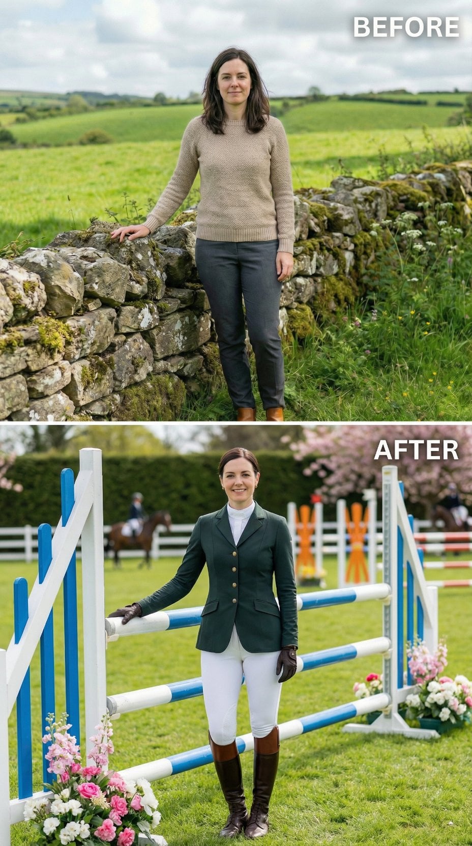 Stone Wall Casual to Show Jumping Arena in Green Tailcoat and Whites