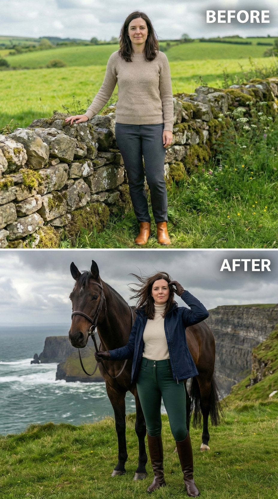 Cliffside Drama in Navy Technical Outerwear and Equine Companionship