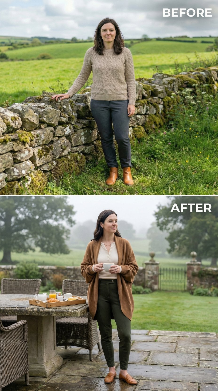 Beige Cable Knit in Open Country to Breakfast Terrace in Camel Wrap