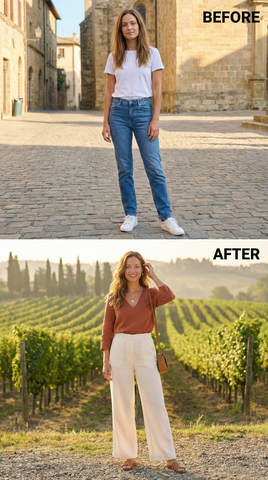 Blue Jeans and White Tee to Rust V-Neck and Ivory Wide-Legs