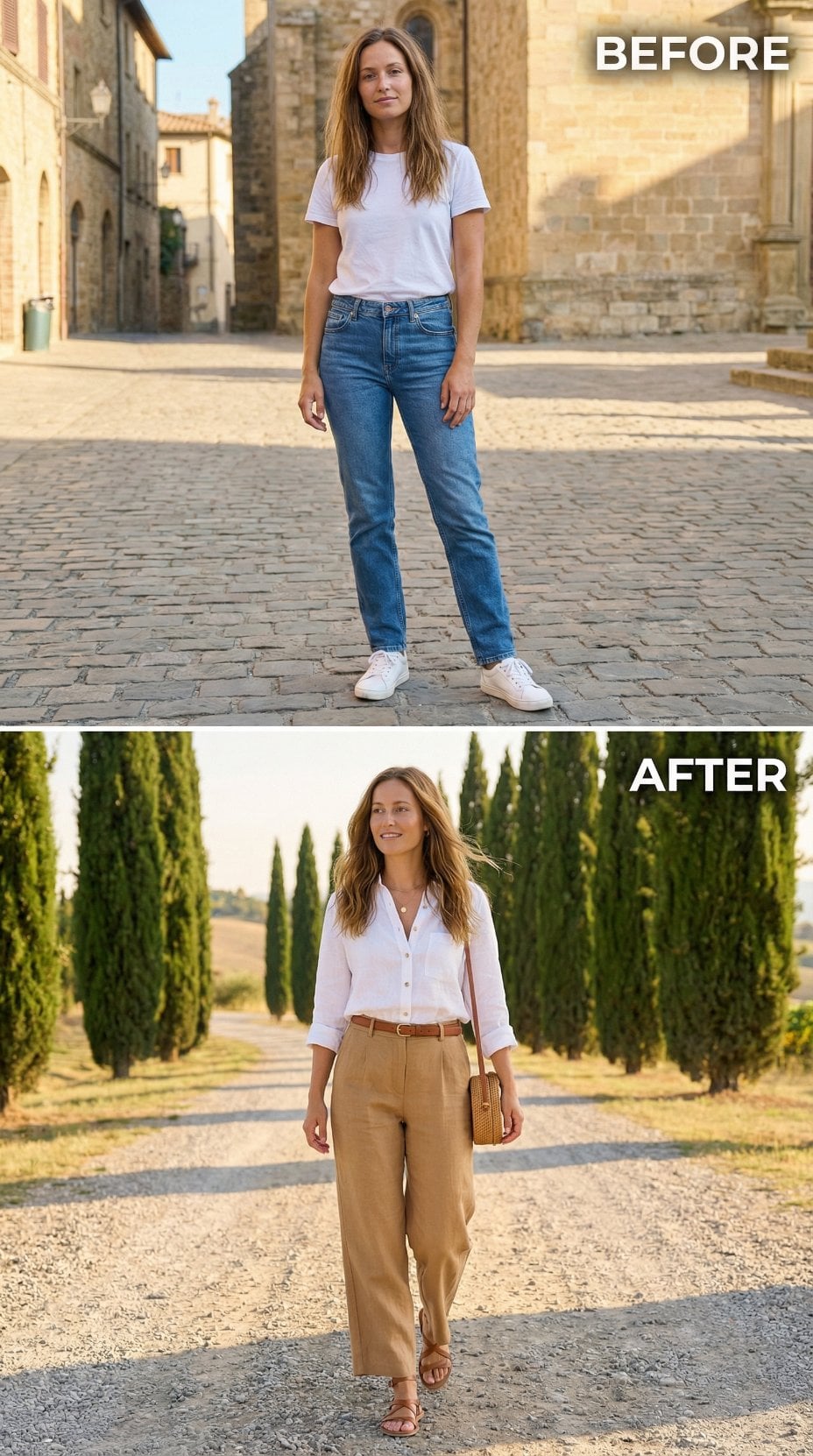 White Button-Down and Camel Wide-Legs Replace Crew Neck and Skinny Denim