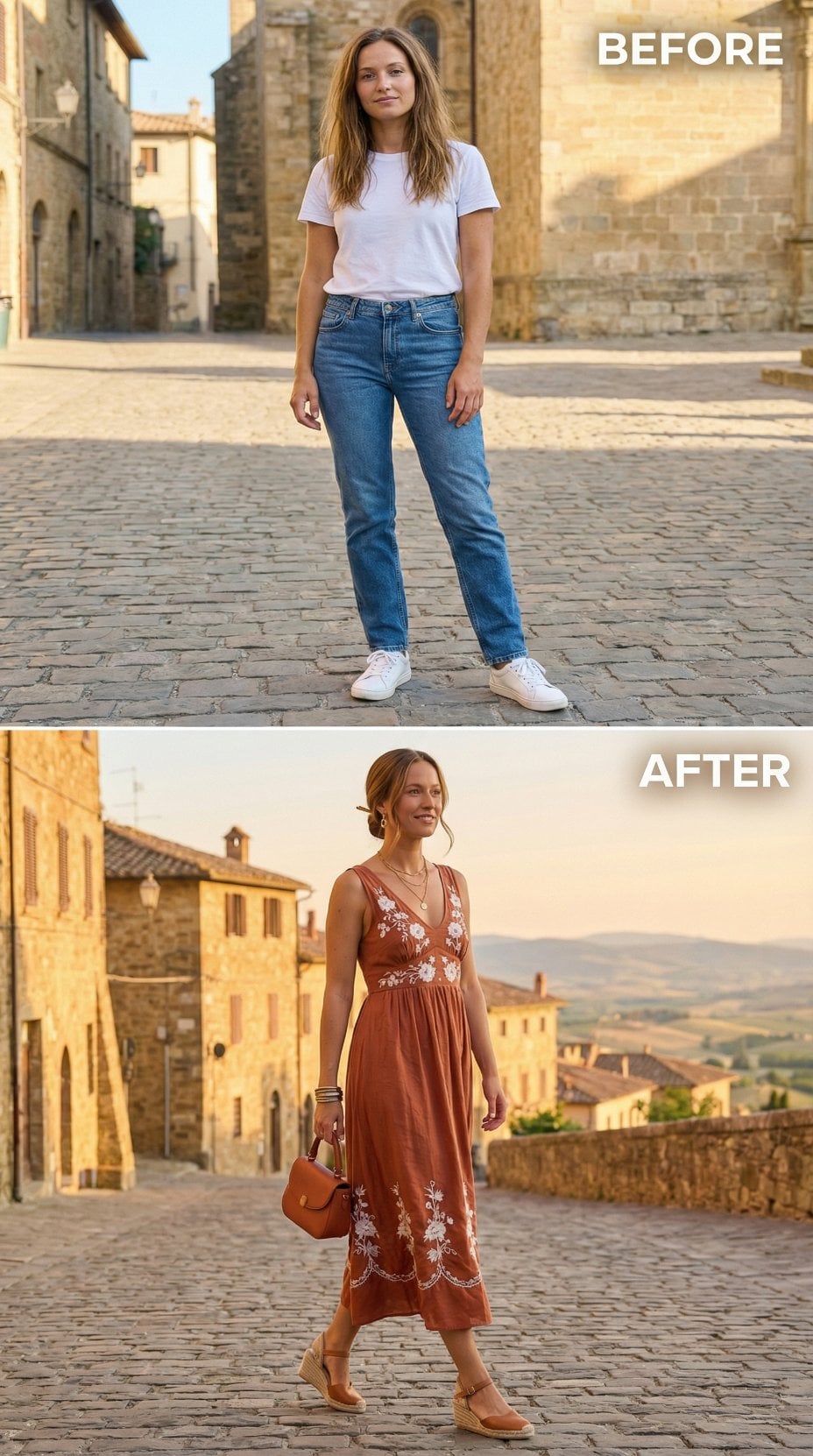 White Tee and Mom Jeans Give Way to Rust Embroidered Midi and Wedges