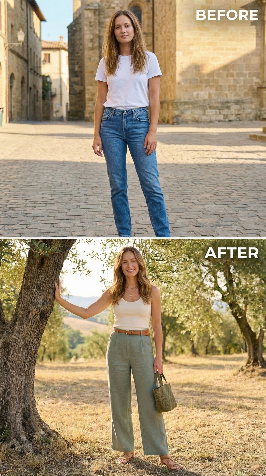 Beige Tank and Wide-Leg Linen Trade Places with Ivory Rib Knit and Sage Trousers