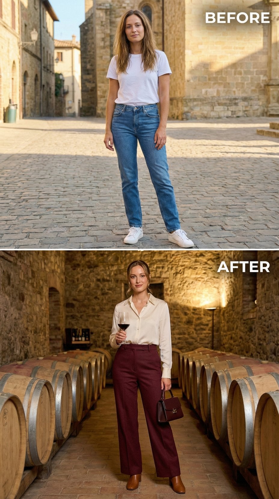 White Cotton and Sneakers Become Ivory Silk and Burgundy Trousers