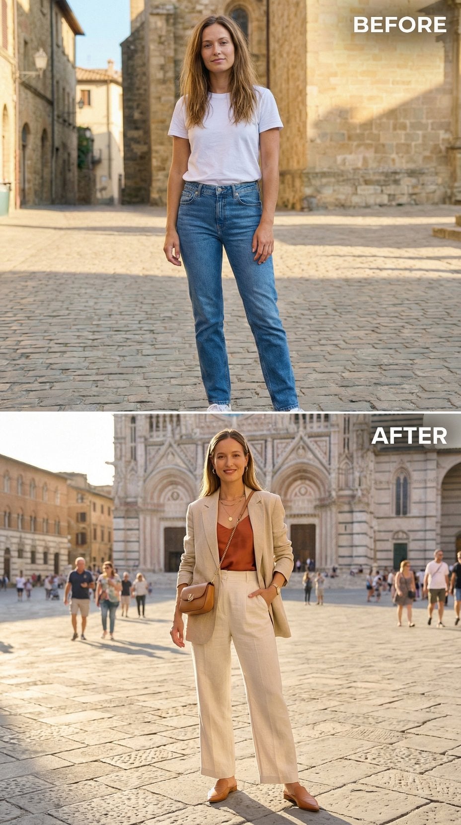 Straight-Leg Denim Replaced by Beige Blazer and Rust Silk Tank