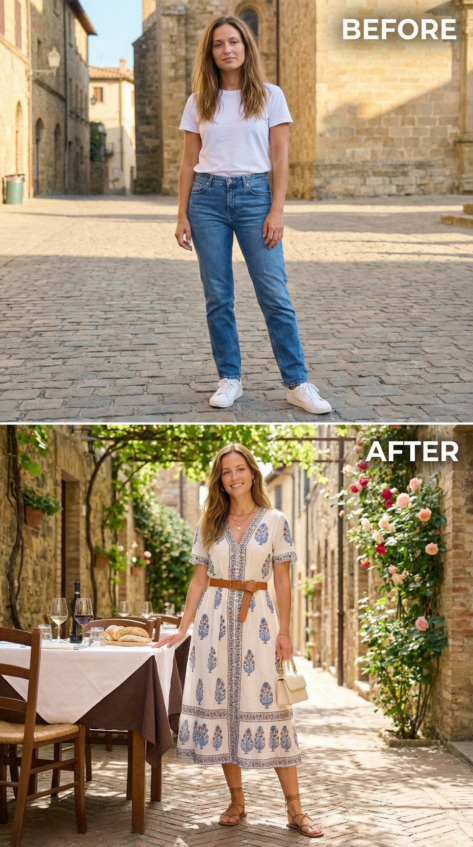 White Tee and Straight-Leg Denim Give Way to Paisley Midi and Necklaces
