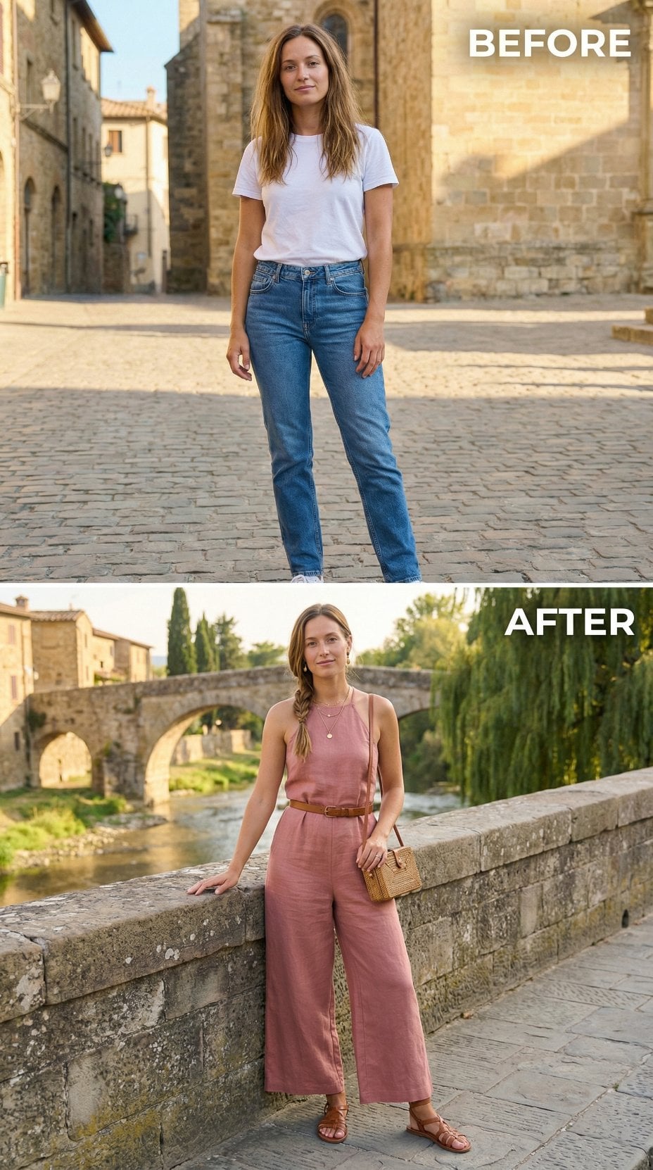 Cotton Tee and Straight Denim Become Dusty Rose Jumpsuit and Bridge