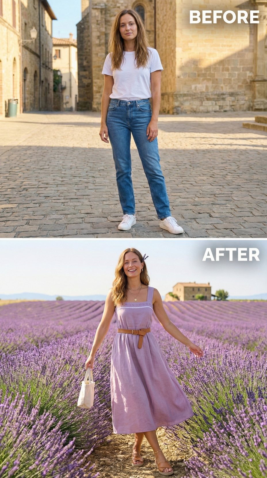 Straight-Leg Denim and White Tee Replaced by Lilac Linen Midi Dress