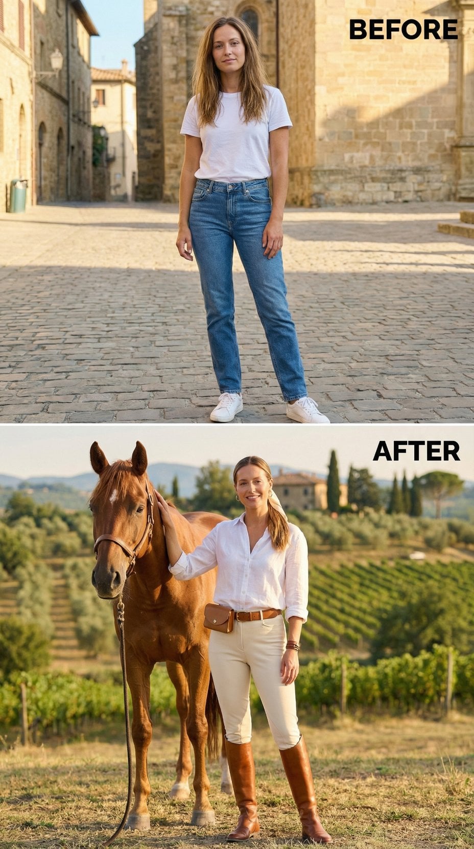 Casual White Tee and Straight Denim Transform into Equestrian Elegance
