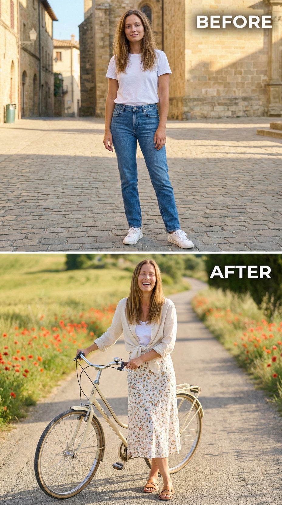 White Cotton and Blue Denim Yield to Floral Midi and Bicycle Ease