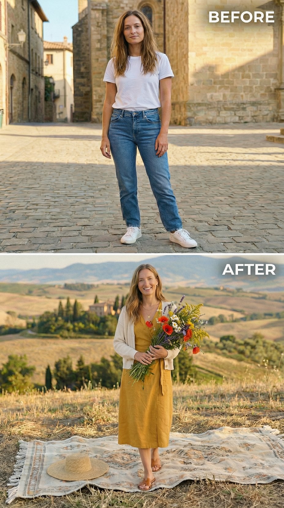 Sneakers and Basic Denim Become Mustard Linen Pinafore and Wildflower Picnic
