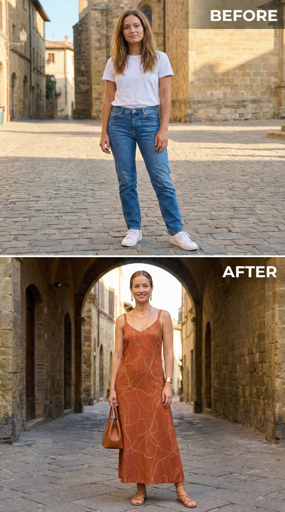White Cotton and Straight Denim Abandoned for Burnt Orange Slip Dress