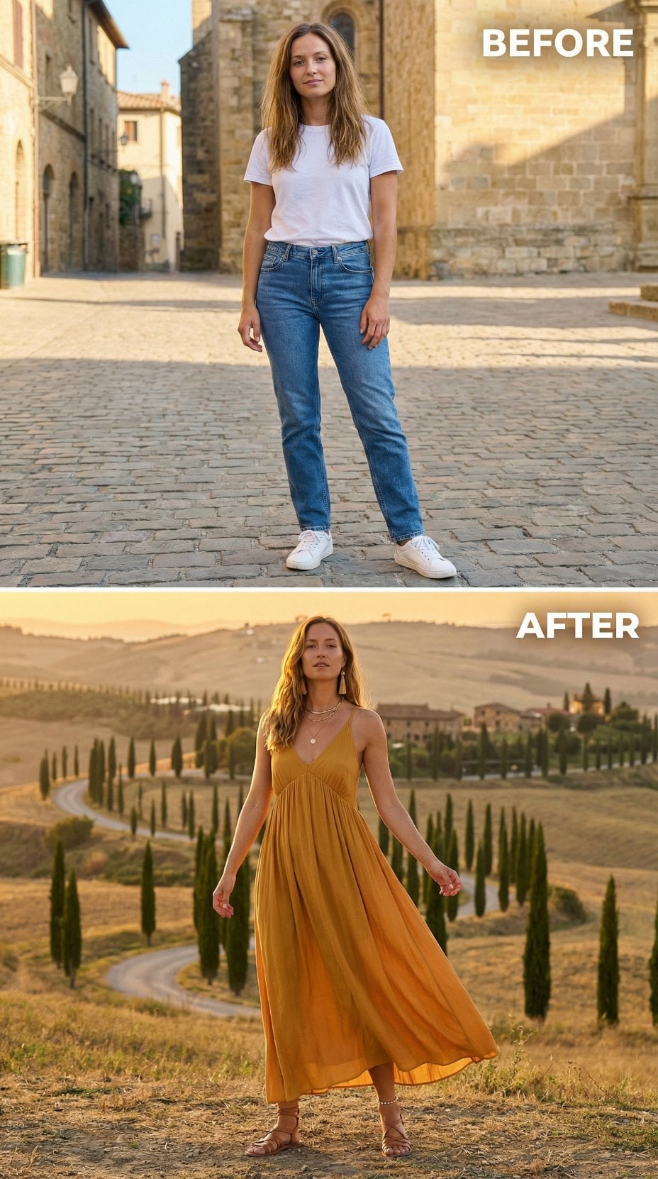 Straight-Leg Denim Swapped for Golden Hour Mustard Maxi at Sunset