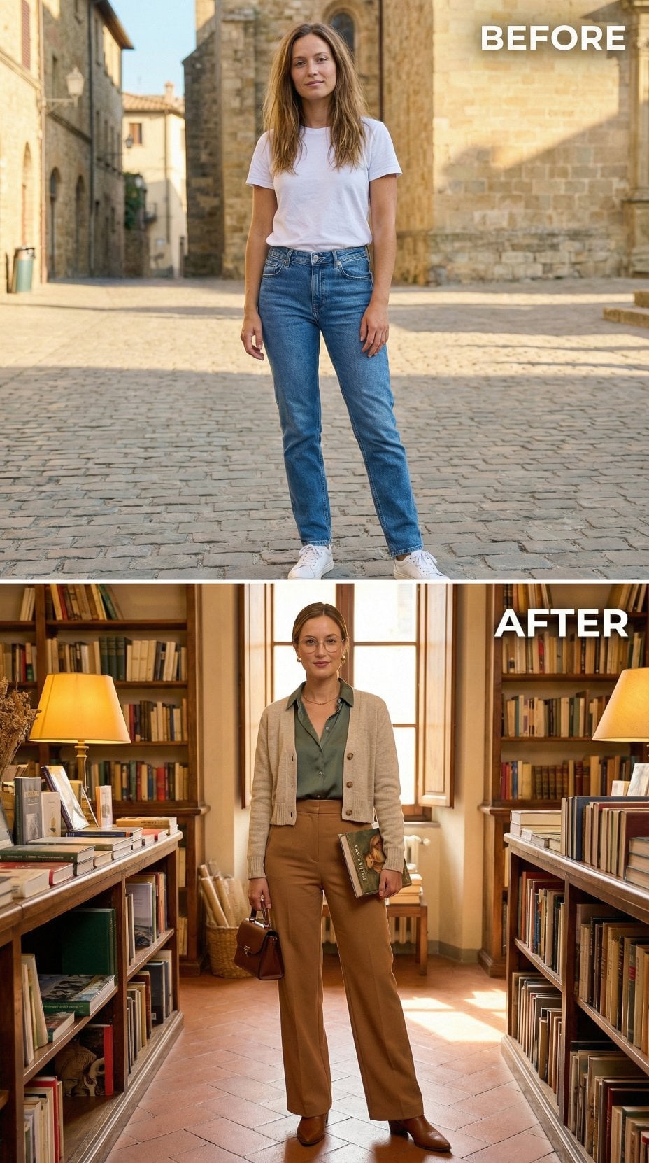 Library Aisle Academia Built on Tan Trousers and Olive Silk