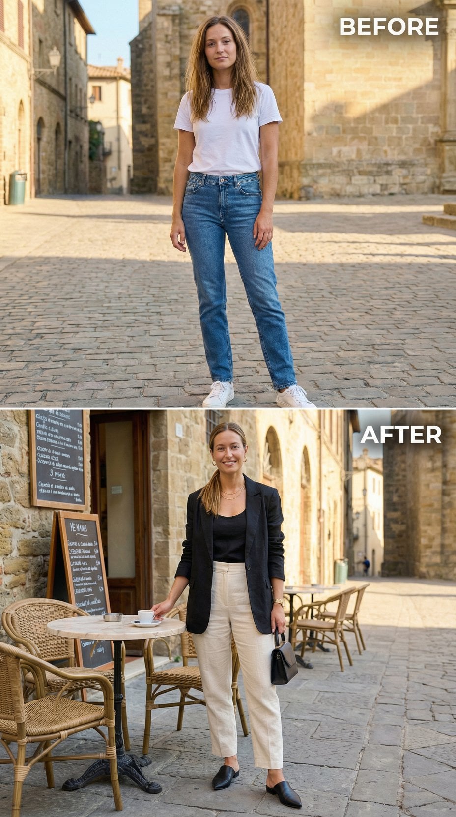 Café Table Business: Black Blazer, Oat Trousers, Loafer Sophistication