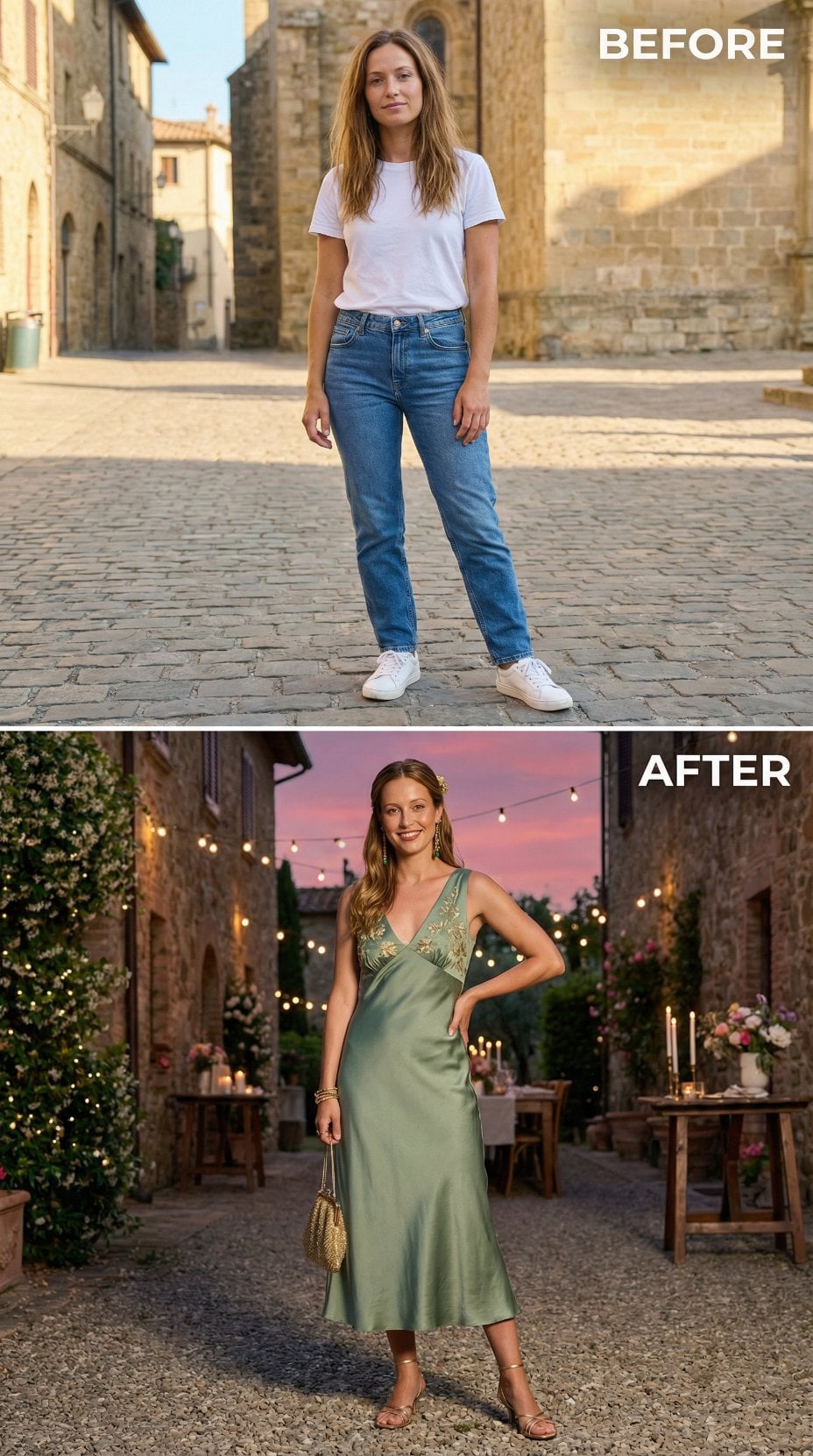 Sage Slip Gown and String Lights Replace Denim and Daylight