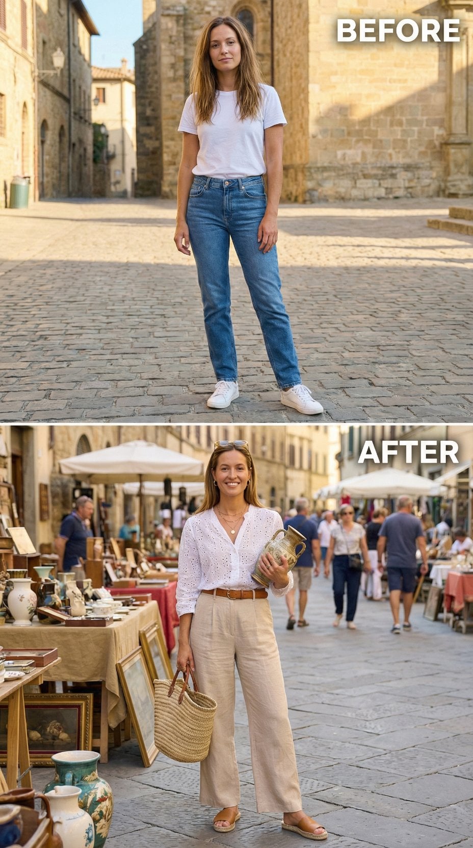 Basic Denim Discarded for Eyelet Blouse and Market-Day Linen