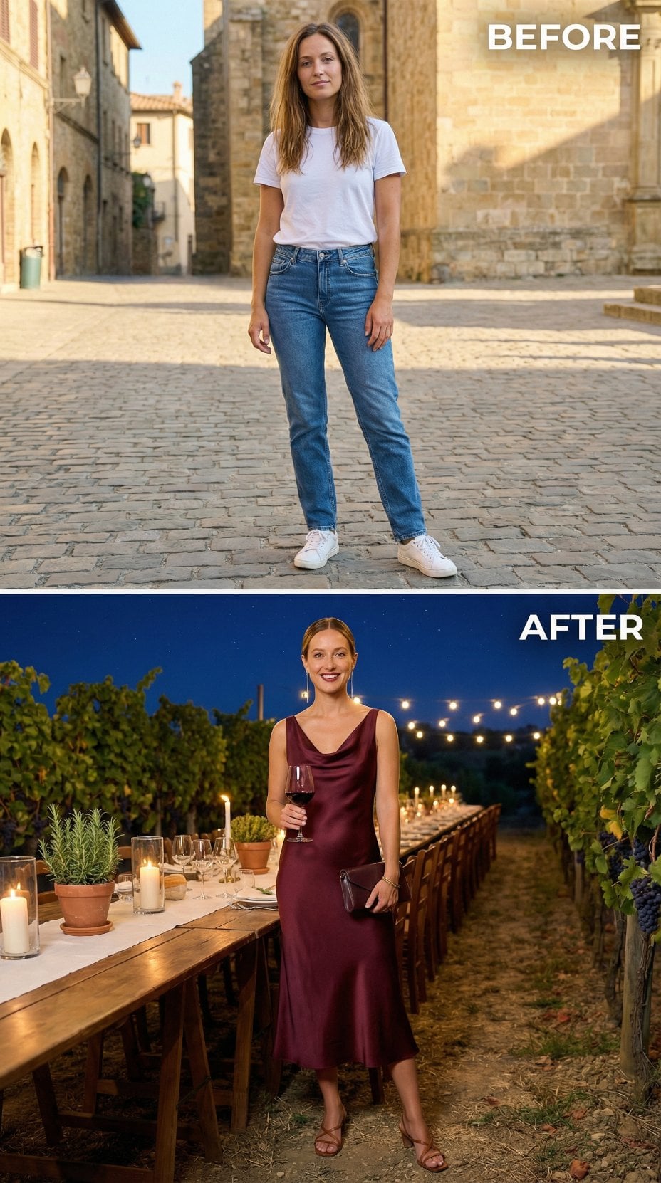Cotton Tee Ditched for Cowl-Neck Burgundy Silk at Vineyard Dusk