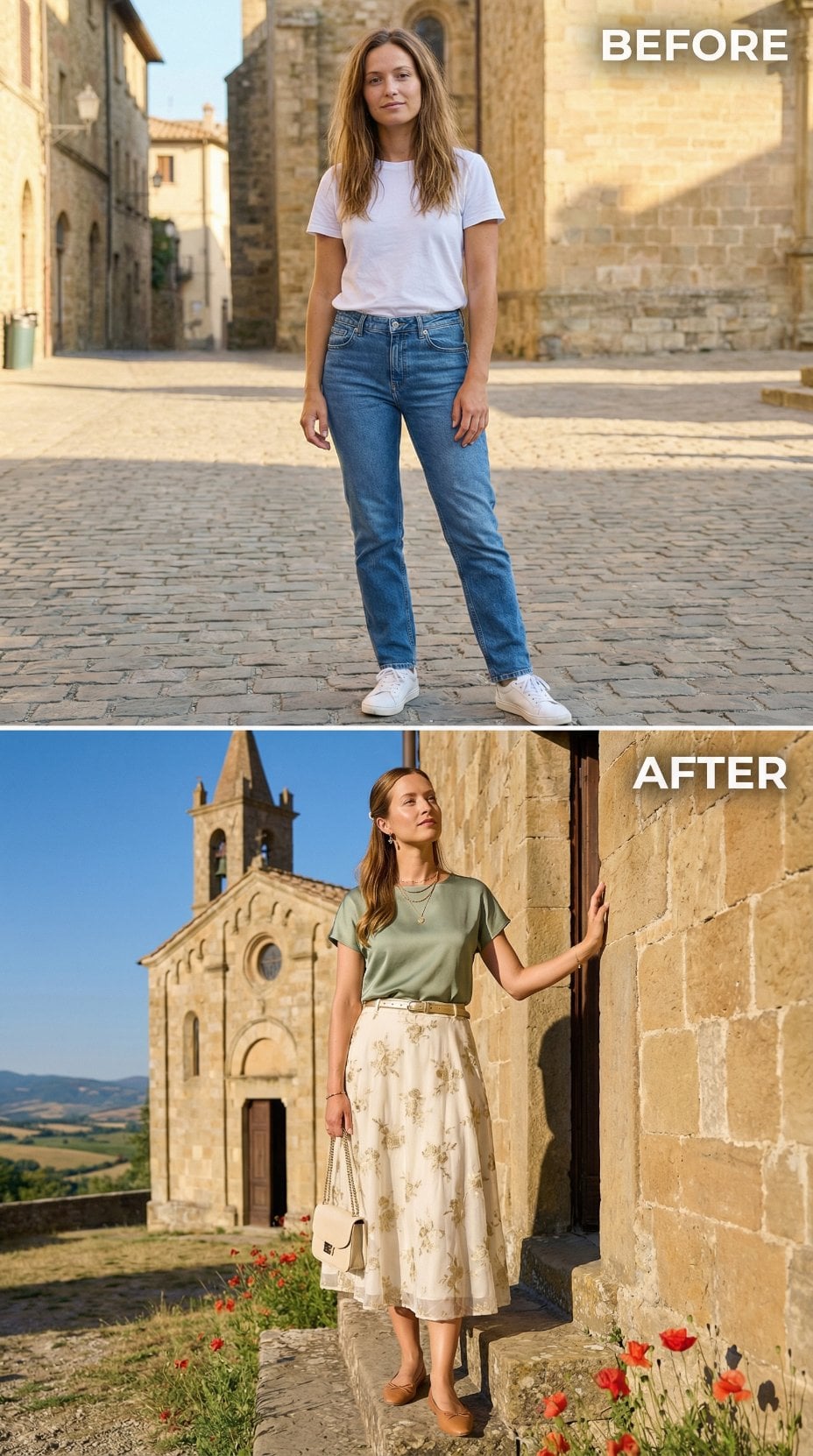 Straight Denim Replaced by Sage Silk Tee and Floral Midi Skirt