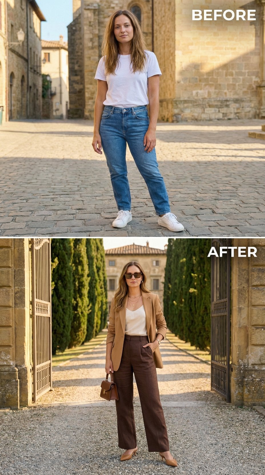 Cotton Tee Upgraded: Camel Blazer and Wide-Leg Chocolate Linen