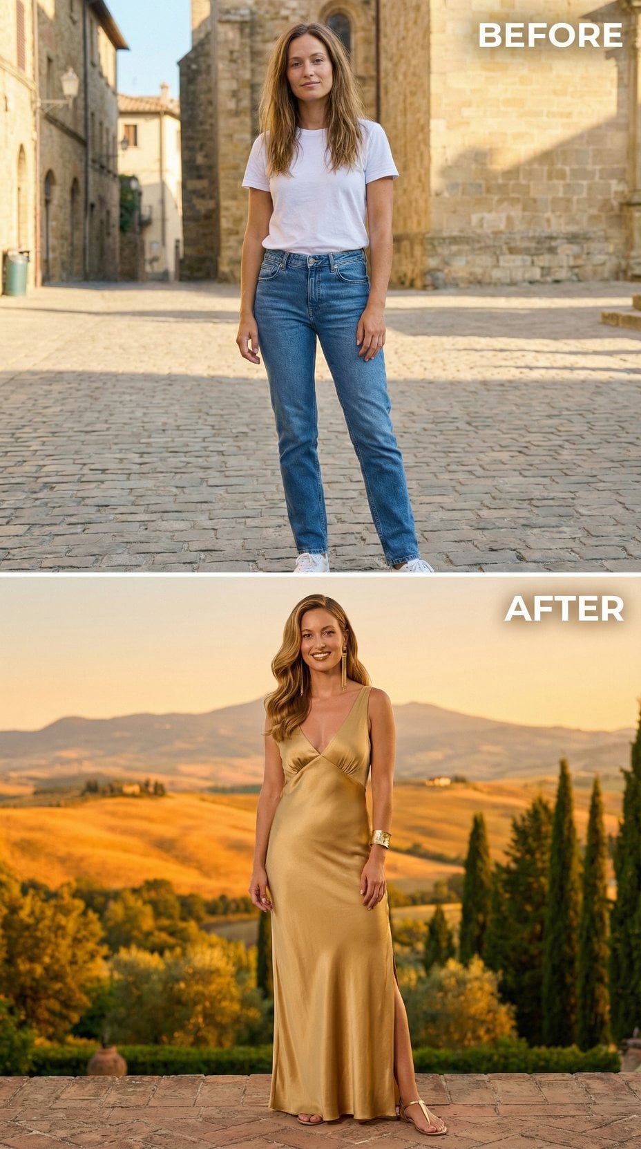 Casual Denim Erased by Champagne Slip Dress and Tuscan Valley Glow
