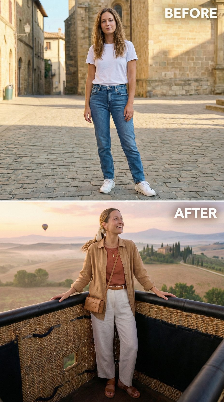 Blue Denim Surrenders to Tan Jacket, Cream Trousers, Hot Air Sunrise