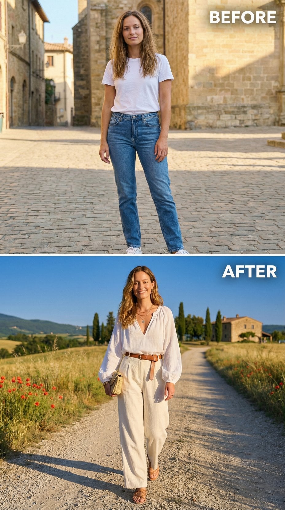 White Tee and Jeans Vanish for Ivory Blouse and Trousers