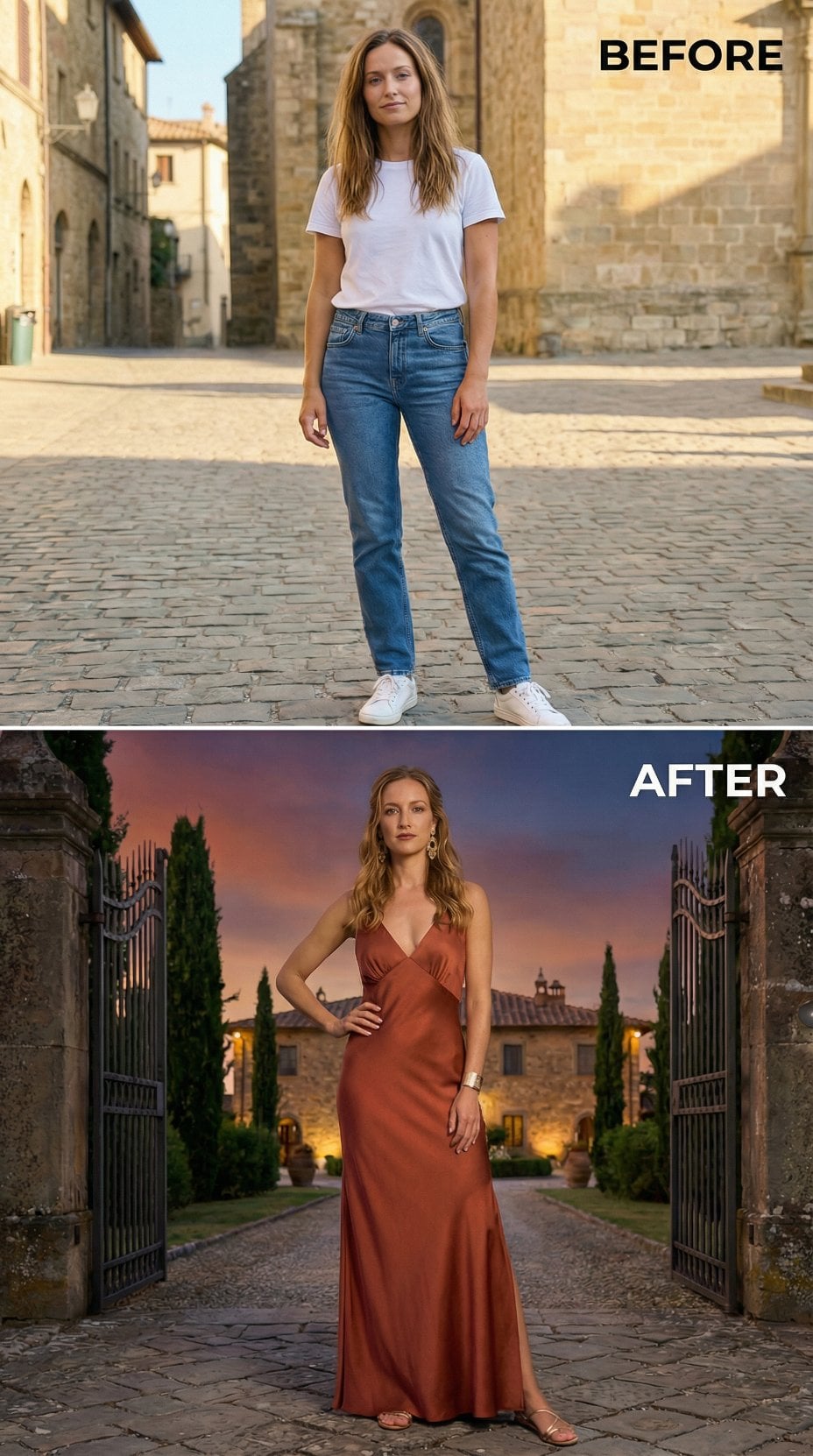 White Tee Erased by Rust Satin Halter Gown and Villa Gate Drama