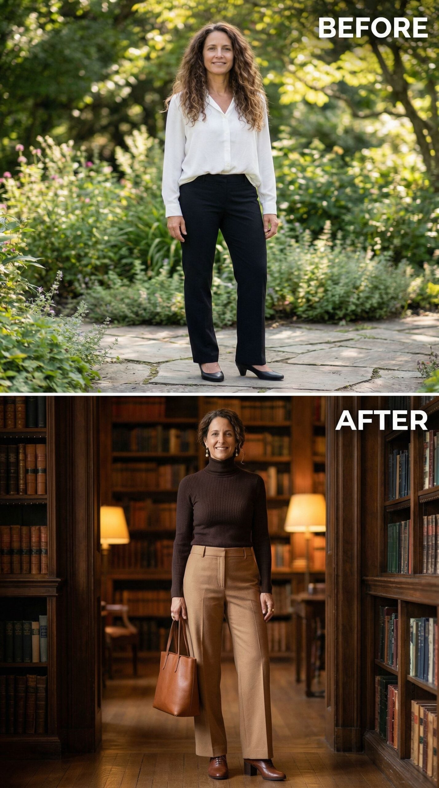 Rich Brown Turtleneck and Camel Wide-Leg Trousers in the Library