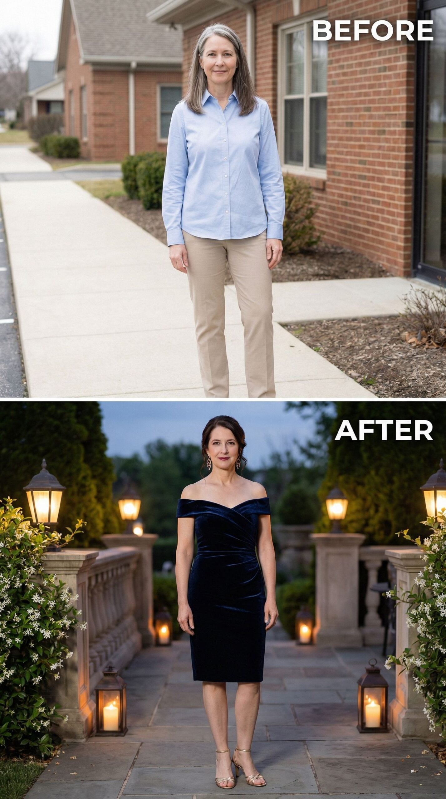 Navy Velvet Off-Shoulder Dress Against Candlelit Stone Terrace