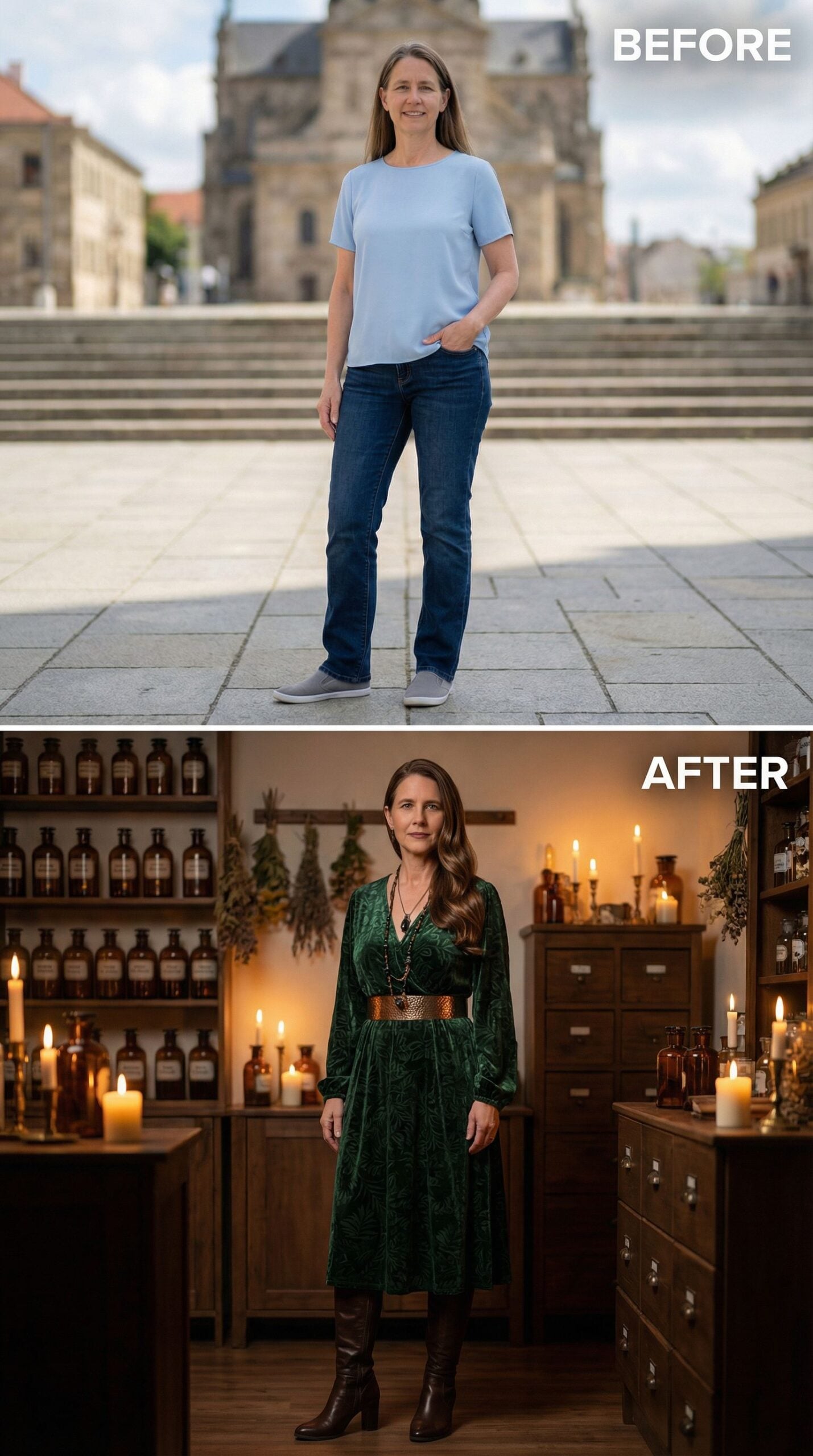 From Casual Blues to Emerald Velvet in a Candlelit Apothecary