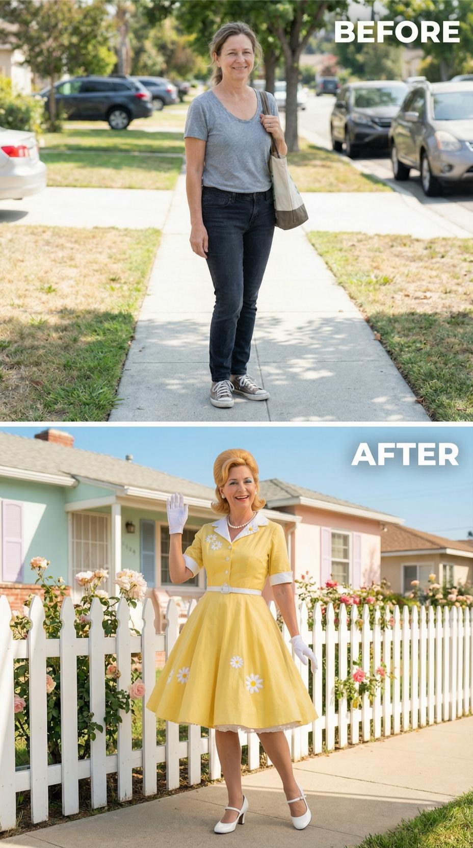 Casual Sidewalk Stroll Replaced by 1950s Yellow Daisy Homecoming