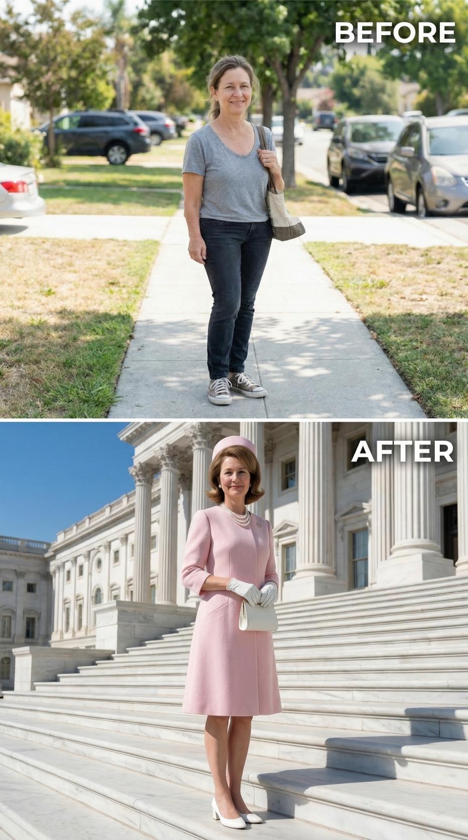 Capitol Steps in Powder Pink Pillbox and Pearls, Jackie Style